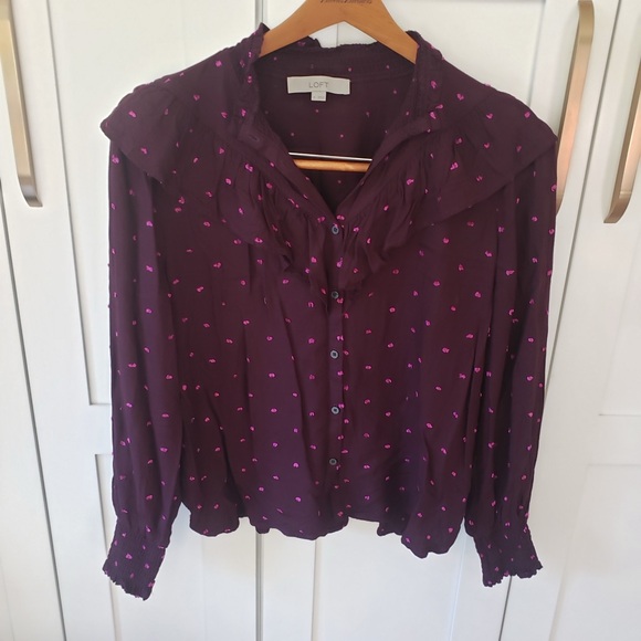 Loft Dress Shirt Womens M Burgundy Blouse Polka Dot Modest Office - Picture 2 of 8